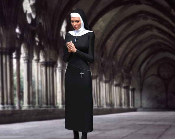 Обои картинки фото 3д графика, религия , religion, девушка, крест, монашка, фон