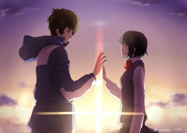 Обои картинки фото аниме, kimi no na wa, парень, фон, взгляд, девушка