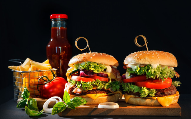 Обои картинки фото еда, бутерброды,  гамбургеры,  канапе, гамбургер, котлета, лук, соус, булочки, зелень, сыр, овощи, помидоры