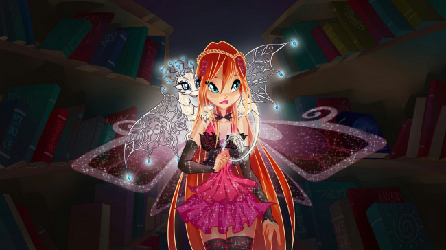 Обои картинки фото мультфильмы, winx club, блум, книги, дракон, крылья, библиотека, фея