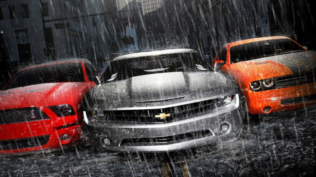 Обои картинки фото автомобили, разные вместе, машины, дождь, город, красная, оранжевая, серебро