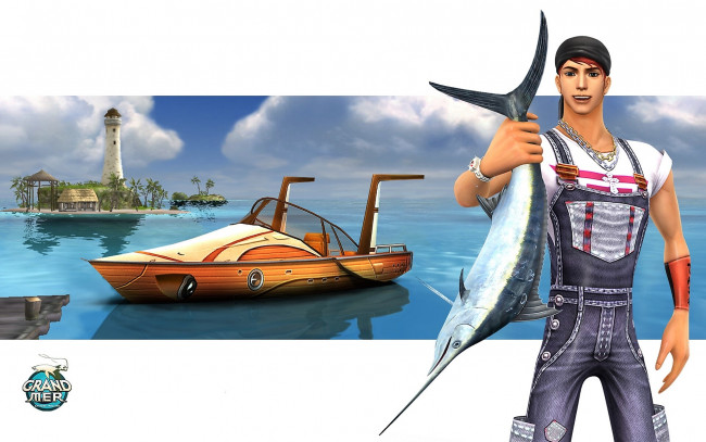 Обои картинки фото видео игры, grand mer, парень, рыба, катер, маяк, море
