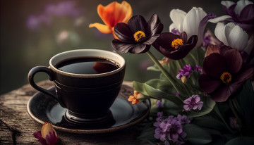 Картинка еда кофе +кофейные+зёрна цветы чашка блюдце