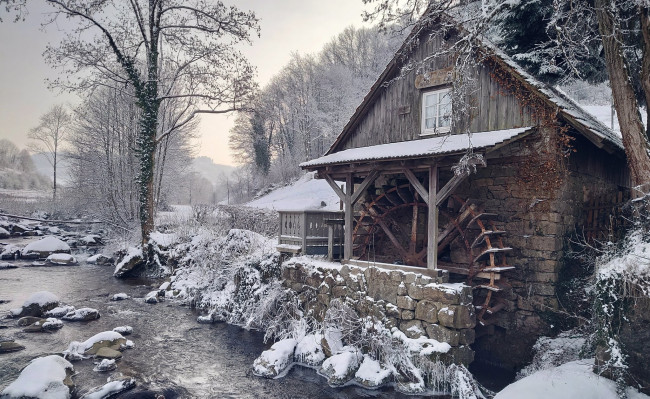 Обои картинки фото разное, мельницы, река, зима, мельница, снег