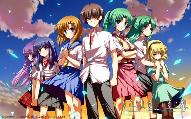 Обои картинки фото аниме, higurashi, no, naku, koro, ni, ryuuguu, rena, sonozaki, mion, shion, houjou, satoko, furude, rika, hanyuu, maebara, keiichi