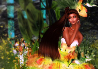 Картинка 3д графика fantasy фантазия колибри цветы тигр волосы девушка