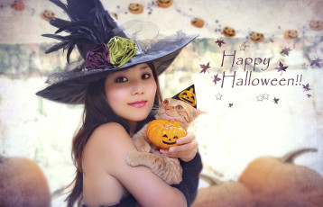 Картинка праздничные хэллоуин ведьма колпак девушка азиатка кот