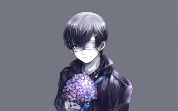 Картинка аниме tokyo+ghoul улыбка повязка букет серый фон парень kaneki ken