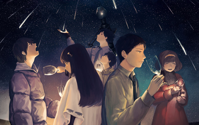 Обои картинки фото аниме, *unknown , другое, звезды, ночь, бокалы, люди, звездопад