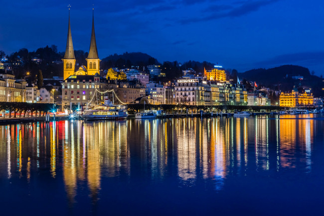Обои картинки фото люцерн швейцария, города, люцерн , швейцария, набережная, огни, ночь, река, дома, люцерн