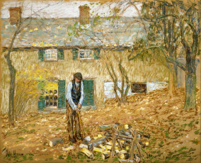 обоя woodchopper, рисованное, frederick childe hassam, здание, дом, деревья, двор, топор, дрова, дровосек