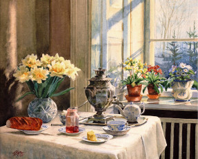 Картинка рисованное живопись чашка хлеб чайник горшки цветы подоконник окно самовар стол сахар варенье