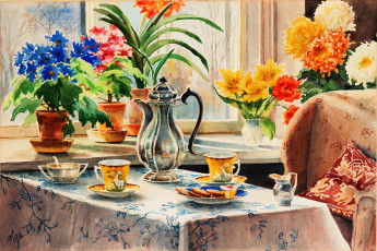 Картинка рисованное живопись диван кувшин горшки чашки подушка скатерть печенье цветы стол окно