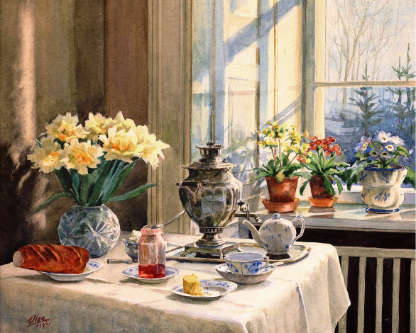 Обои картинки фото рисованное, живопись, чашка, хлеб, чайник, горшки, цветы, подоконник, окно, самовар, стол, сахар, варенье