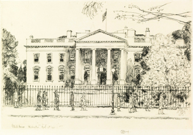 Обои картинки фото the white house, рисованное, frederick childe hassam, флаг, люди, забор, эскиз, америка, белый, дом