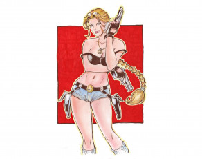 Картинка рисованное комиксы девушка фон взгляд пистолет коса