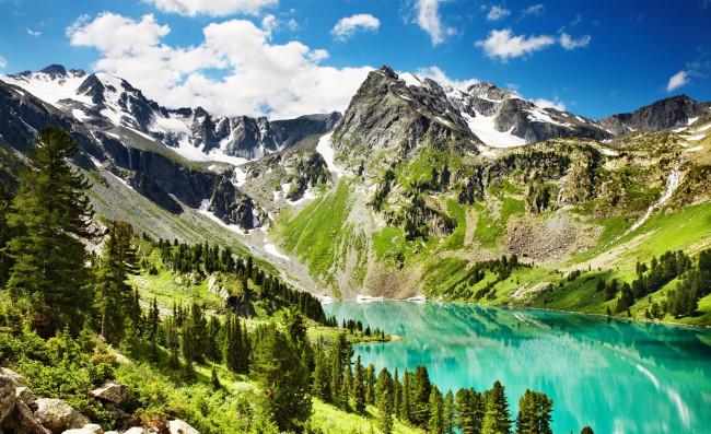 Обои картинки фото природа, реки, озера, озеро, долина, горы, облака, деревья