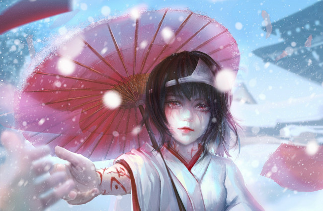 Обои картинки фото аниме, noragami, sangrode, слезы, ёкай, зонт, руки, nora, art, кимоно, снег, бездомный, бог