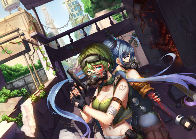 Обои картинки фото аниме, vocaloid, противогаз, девушки, арт, оружие