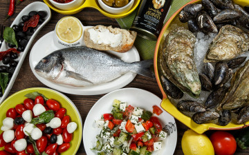 Картинка еда рыба +морепродукты +суши +роллы помидоры лимон устрицы моцарелла