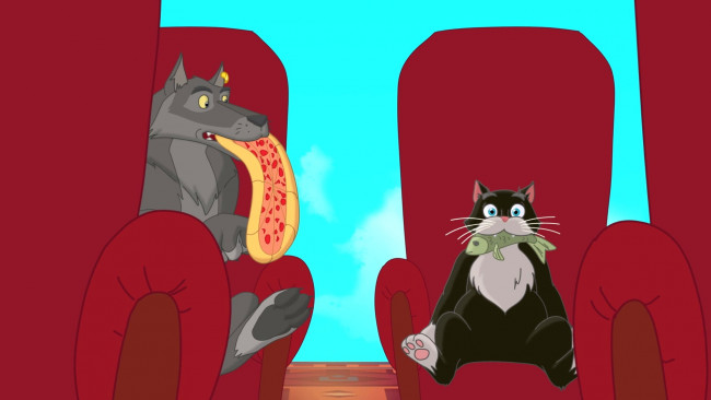 Обои картинки фото мультфильмы, иван царевич и серый волк 3, кресло, волк, кот, рыба, пицца