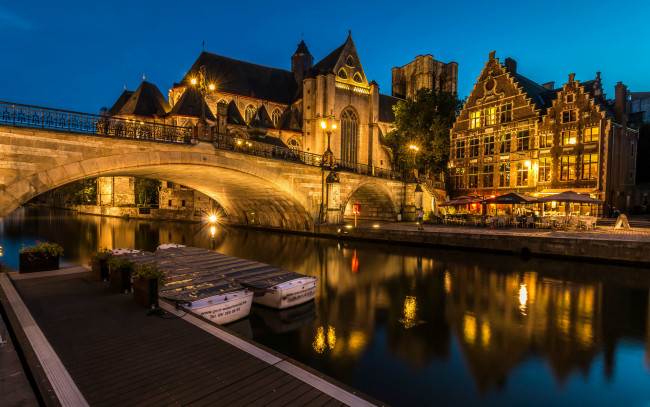 Обои картинки фото города, гент , бельгия, канал, мост, вечер, огни