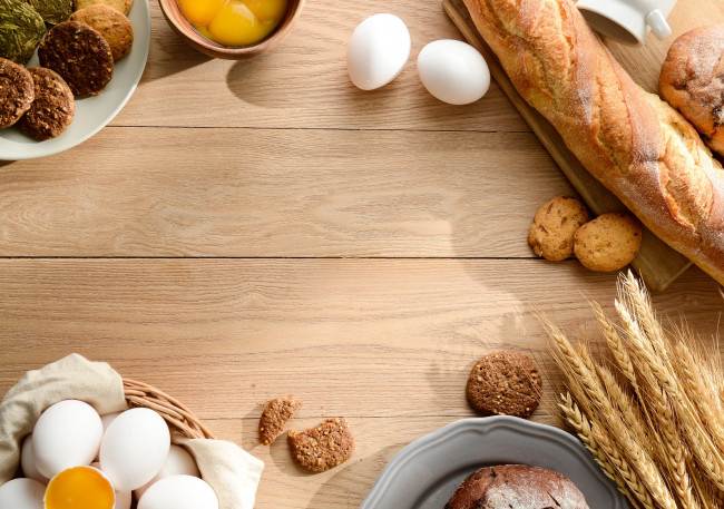 Обои картинки фото еда, хлеб,  выпечка, колоски, печенье, яйца