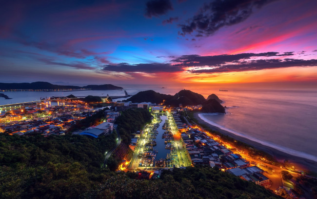 Обои картинки фото suao,  taiwan, города, - огни ночного города, суао, тайвань, вечер, закат, побережье, океана, тихий, океан