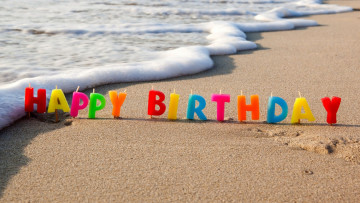 Картинка праздничные день+рождения море волны песок пляж свечи надпись