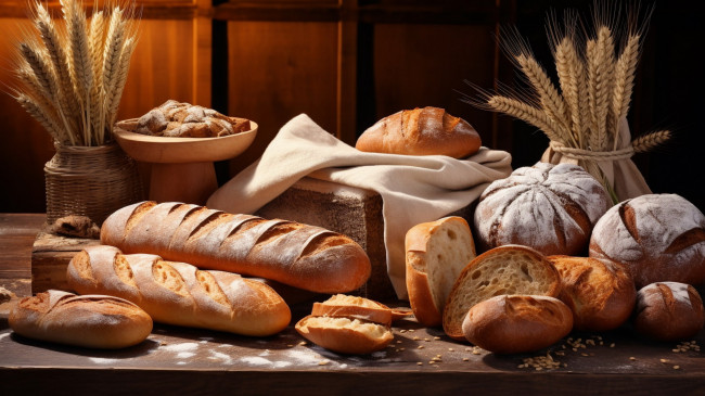 Обои картинки фото еда, хлеб,  выпечка, колосья, батоны, ассорти