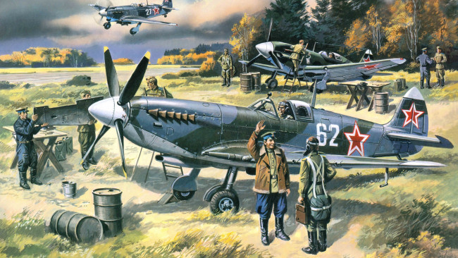 Обои картинки фото авиация, 3д, рисованые, v-graphic, самолеты, военные, аэродром