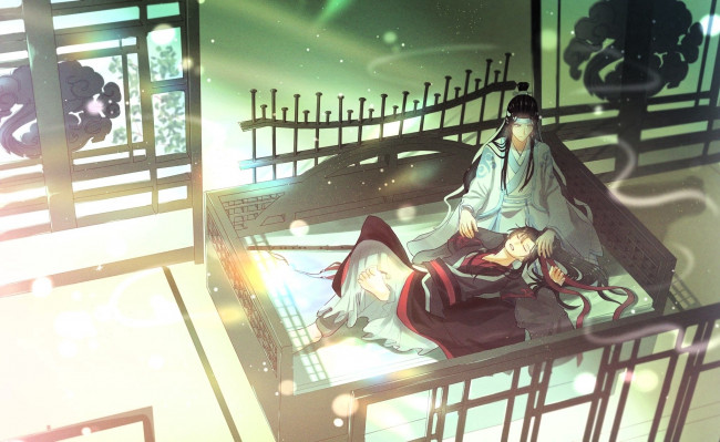 Обои картинки фото аниме, mo dao zu shi, вэй, усянь, лань, ванцзи, кровать