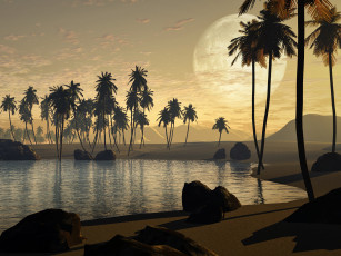 Картинка 3д графика nature landscape природа камни озеро пальмы луна песок