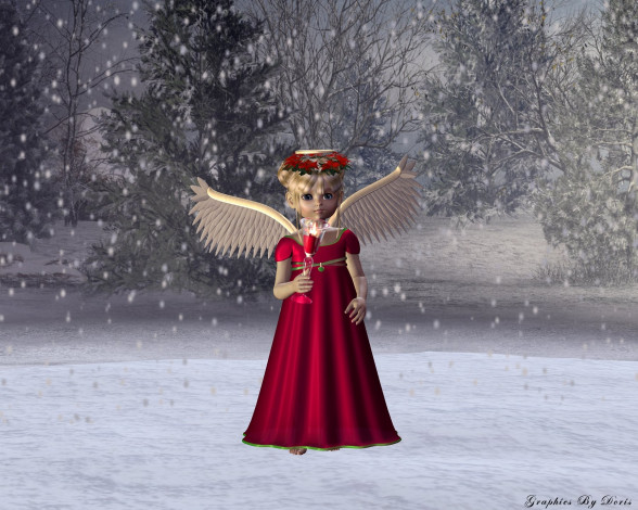 Обои картинки фото 3д, графика, angel, ангел, свеча, деревья, снег, зима
