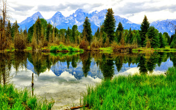 Картинка природа реки озера лес озеро трава отражение горы
