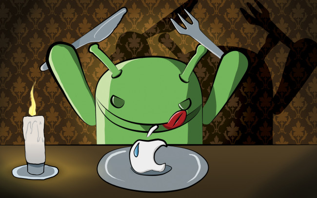 Обои картинки фото компьютеры, android, свеча, нож, вилка, тарелка, apple, ужин