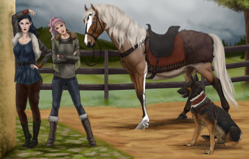 Картинка рисованное животные +лошади фон взгляд девушки лошадь собака