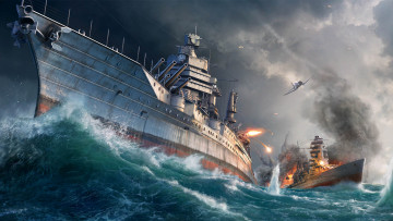 обоя видео игры, world of warships, самолеты, корабли, море