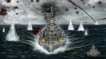 Картинка world+of+warship видео+игры world+of+warships корабль бой сражение самолеты море взрывы
