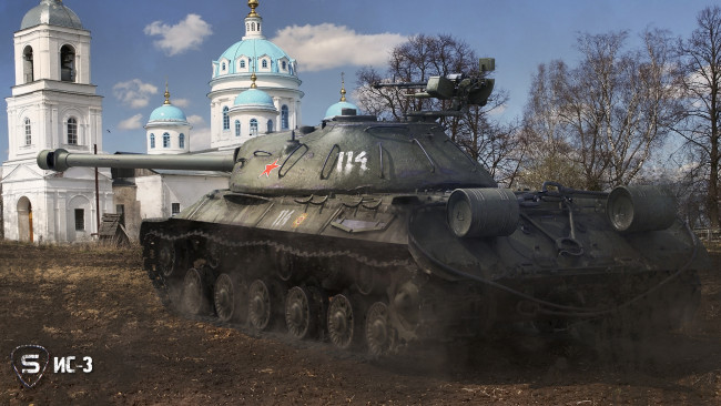 Обои картинки фото видео игры, мир танков , world of tanks, церковь, танк, деревья, земля, поле, тяжелый, советский, ис-3