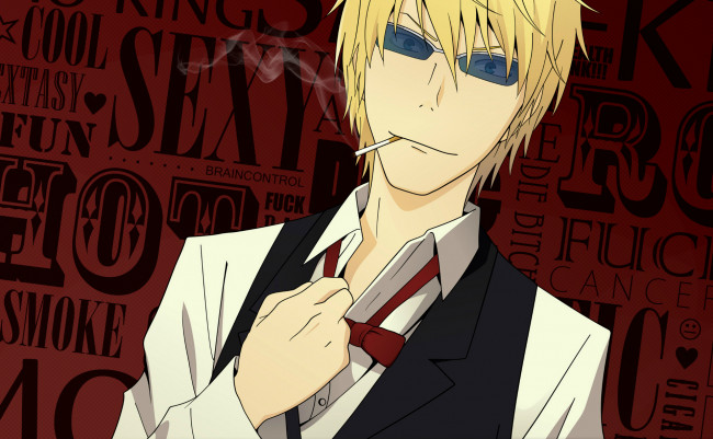 Обои картинки фото аниме, durarara, очки, shizuo, heiwajima, шрифты, галстук-бабочка, сигарета