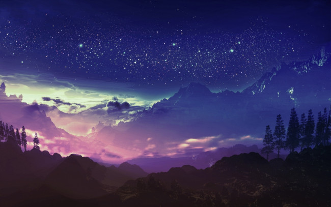 Обои картинки фото 3д графика, природа , nature, небо, ночь, горы, звезды, деревья, облака, туман