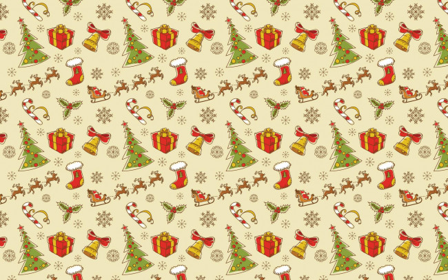Обои картинки фото праздничные, векторная графика , новый год, орнамент, текстура, сани, олени, дед, мороз, ёлки, коробки, снежинки, рождество, носки, подарки, конфеты, колокольчики