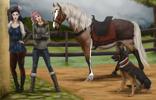 Обои картинки фото рисованное, животные,  лошади, фон, взгляд, девушки, лошадь, собака