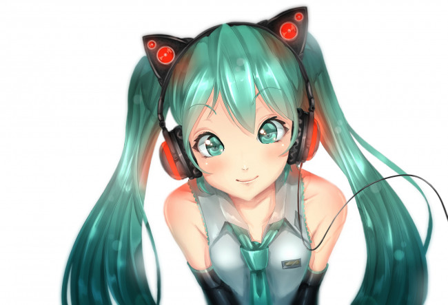 Обои картинки фото аниме, vocaloid, наушники, взгляд, улыбка, девочка, hatsune, miku, арт