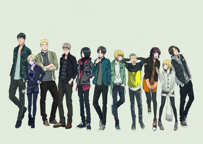 Обои картинки фото аниме, shingeki no kyojin, леви, эрен, парни, атака, титанов, девушки, группа, персонажи, микаса
