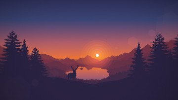 Картинка векторная+графика животные+ animals лес озеро закат олень