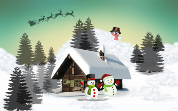 Картинка праздничные векторная+графика+ новый+год ели олени дом снег снеговики