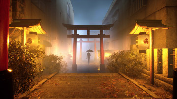 обоя видео игры, ghostwire,  tokyo, город, врата, свет, фигура, зонт