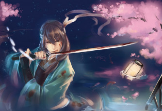 Картинка аниме hakuoki арт фонарь катана gintama меч самурай katsura kotaro вода кровь рыбы сакура парень